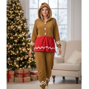 Gingerbread One Piece Pajama Outfit Brown Christmas Cookie Festive Party Size M